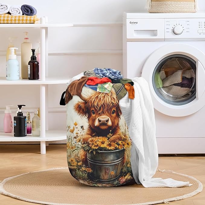 Sunflower Highland Cow Laundry Basket with Sturdy Handles, Collapsible Oxford Cloth Laundry Hamper Organizer Basket for Bathroom Bedroom 15.7x20 Inch