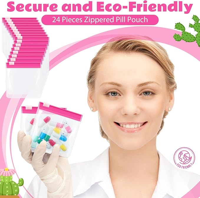 24 Pieces Pill Pouch Bags Zippered Set Reusable Translucent Medicine Organizer Sealing Travel Plastic Bags with Slide Lock for Storage(Pink)