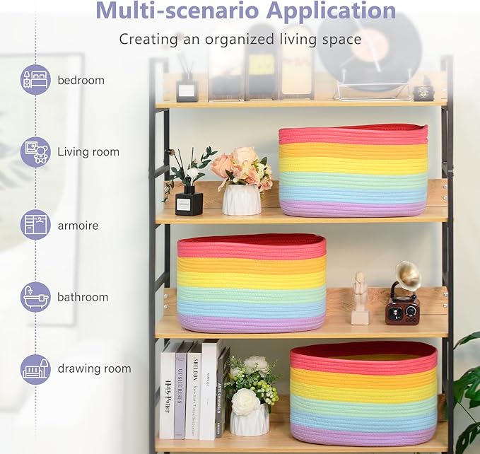 ECDYQXVU Cotton Rope Storage Basket, 15x10x9 Inches, Woven Basket for Shelves, Clothes, Towels, Books, and Laundry, Rainbow (1 Pack)