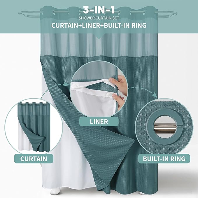 eachope SeawedGreen No Hook Waffle Weave Shower Curtain with snap-in Liner Replacement, 230GSM Waterproof Fabric Hotel Shower Curtain Set for Bathroom, Through Mesh Top Window,71Wx74H