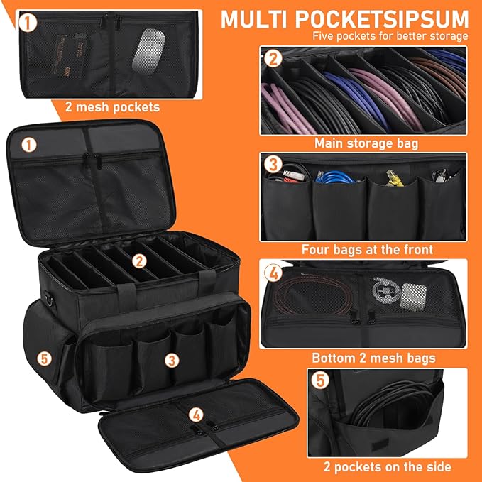 IBVIVIC Cable File Bag With Adjustable Dividers Dj Gig Bag for Cables, Cords,DJ Gear,Sound Instrument and Accessories 16L x 11W x 12H inch Black
