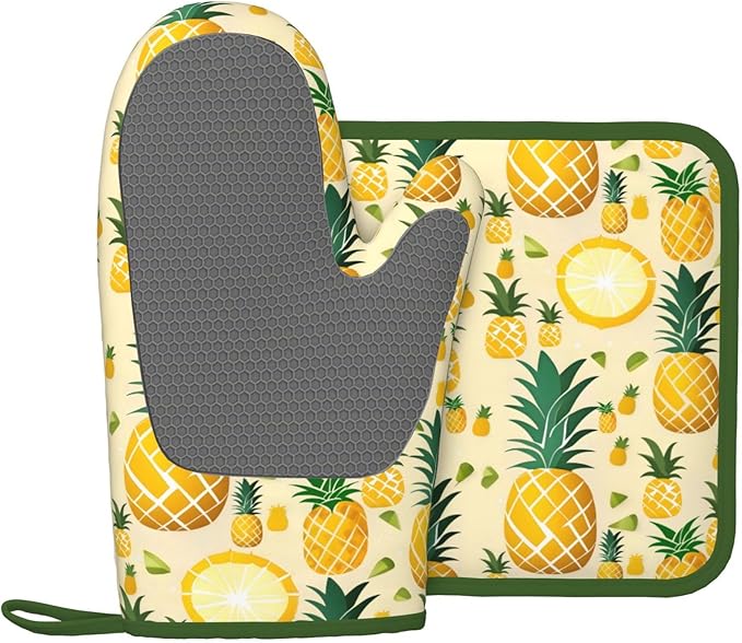 Oven Mitts and Potholders Funny Pineapple Silicone Glove Heat Resistant, Kitchen Gloves for Cooking, 2-Piece Set