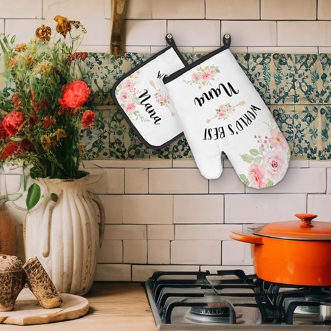 Best Nana Gifts Oven Mitts and Pot Holders Sets, Nana Gifts from Grandkids Kitchen Decor Accessories Sets, World’s Best Nana Heat Resistant Oven Glove Potholders for Kitchen Cooking Baking