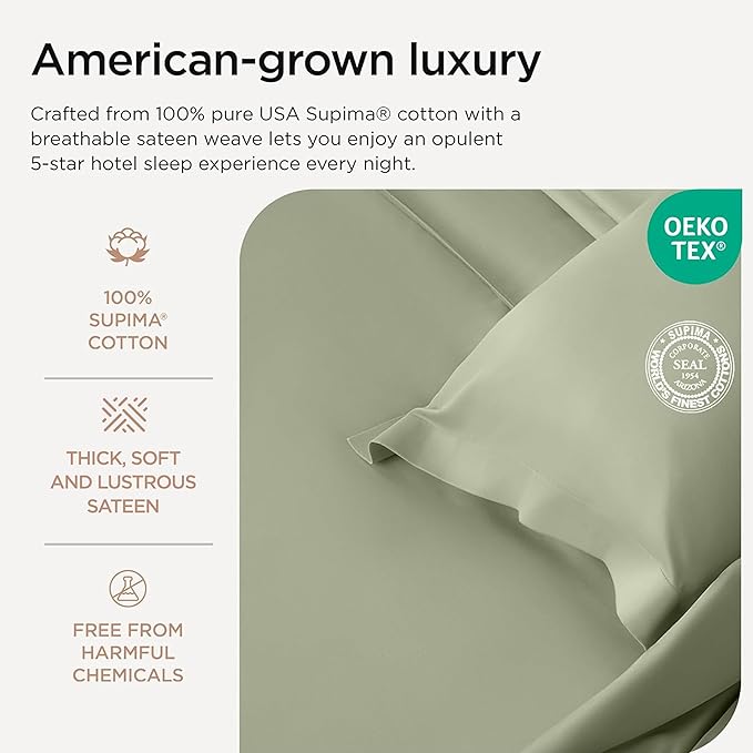Threadmill Luxury Supima Cotton Sheets, 1000 Thread Count Soft 100% Cotton Sheets for King Size Bed, 4 Pc Sage Green King Bed Sheet Set, 5-Star Hotel Quality with Elasticized Deep Pocket King Sheet