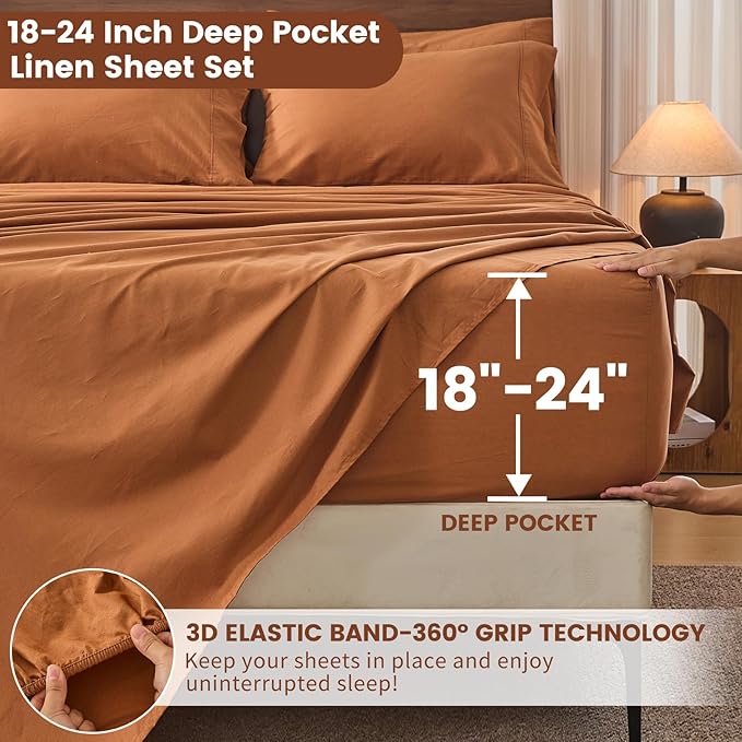 Bedlifes 100% French Linen Sheets California King Size 18-24" Extra Deep Pocket 4-Piece Set Breathable & Moisture-Wicking,Soft & Durable Sheets for Thick Mattresses(Brown)