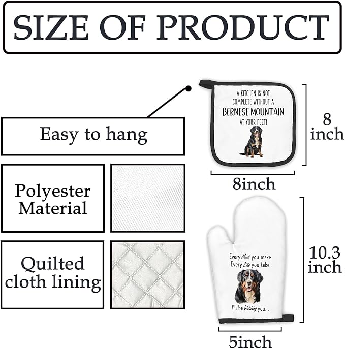 Bernese Mountain Dog Gifts Oven Mitts and Pot Holders Sets, Bernese Mountain Dog Decor Kitchen Accessories Sets, Complete Without Dogs Heat Resistant Oven Glove Potholders for Kitchen Baking