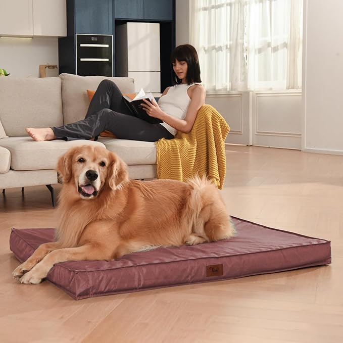 Tail Stories Outdoor Extra Large Dog Crate Bed, XXL Waterproof Dog Bed for Giant Breeds Dogs, 47x29 Inch Orthopedic Egg Crate Foam Pet Mat with Removable Cooling Cover, Pink