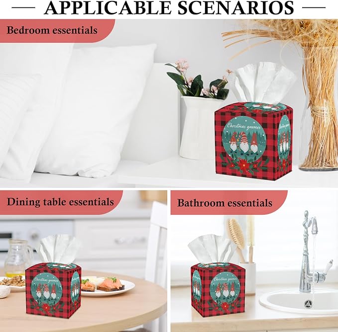 Christmas Gnomes Tissue Box Cover, Leather Tissue Holders Decorative for Home Office Kitchen Bathroom Organizer, Square Facial Paper Organizer Christmas Table Decor -037