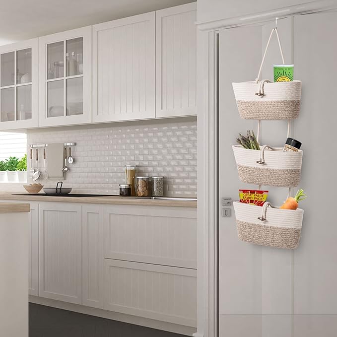 Oradrem Over the Door Basket Cotton Rope Organizer, 3-Tier Wall Hanging Storage Basket, Closet Organizing, Decorative Baskets for Organizing Living Room—14.5“x7 (Apricot)