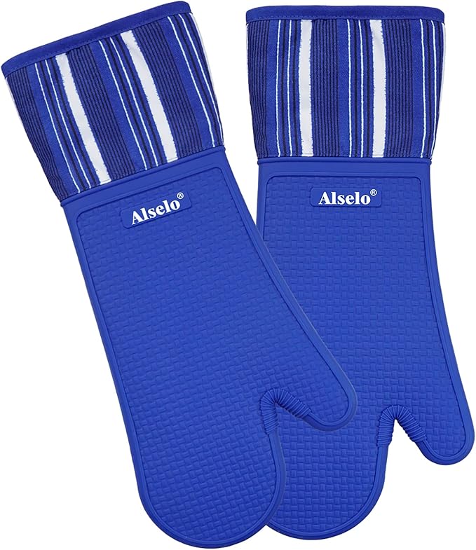 Oven Mitts Heat Resistant Silicone Kitchen Gloves for 550 Degrees with Waterproof and Non-Silp, Oven Gloves for Baking Cooking Barbecue Microwave Machine Washable (Extra Long Navy, 2)