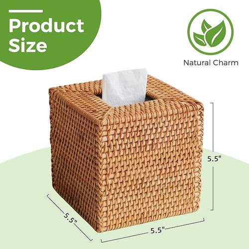 2 Pack Natural Rattan Tissue Box Cover, Hand Woven Square Wicker Holder for Facial Tissues, Wicker Napkin Holder Ideal for Bathroom Living Room, Tissue Holders Decorative for Kitchen Office and Desk