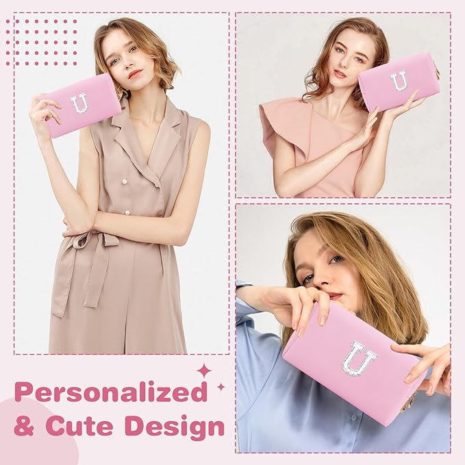 ChaoGreat Bride Gifts – Personalized Initial Makeup Bag with Pearl Rhinestone Patch, Preppy Pink Monogram Cosmetic/Toiletry Pouch, bridesmaid Gifts, Bridal Shower Gifts, Wedding Gifts, Bridal Gifts,U