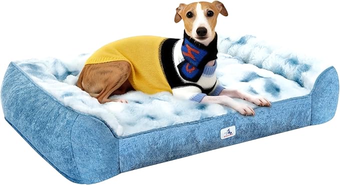 Welfibr Fluffy Faux Fur XL Dog Bed Large Sized Dog Washable Rasied Dog Bed Orthopedic Dog Beds with Sides Noiseless Supportive Foam Dog Couch Anti-Slip Comfort Pet Beds with Removable Cover Blue 48"