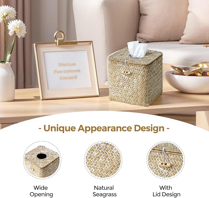 KALEKAIL Seagrass Tissue Box Cover with Lid, Wicker Tissue Box Holder Square, Boho Decorative Woven Tissue Cover Rustic Cube Tissue Holders for Bathroom Living Room Kitchen, Whitewash