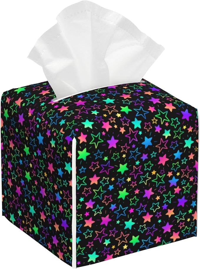 Neon Stars Tissue Box Cover Square,Tissue Box Holder with Belt Bottom,Stylish Leather Napkin Holder for Vanity Countertop,Nightstands,Office Desk,5.2"×5.2"×5.2"