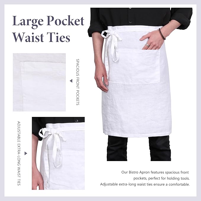 Pure Linen Bistro Half Apron - 25 x 35 Inch Unisex Waist Aprons with Large Pocket Ideal for Kitchen Crafts and More
