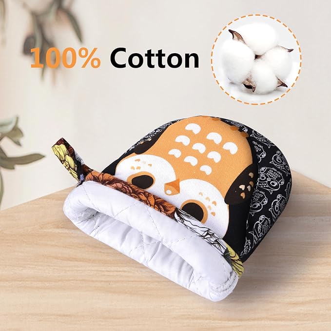 Mini Oven Mitts Cute,Silicone Oven Mitts Heat Resistant 500℉ with Non-Slip Grip and Soft Quilted Cotton Lining for Kitchen Cooking and Baking. Machine Washable-Owls Black