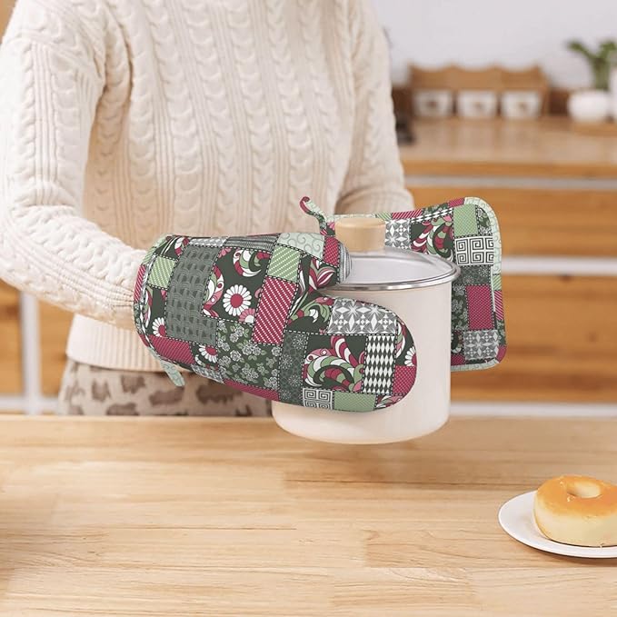 Silicone Oven Mitts and Pot Holders Sets, Home Floral Heat Resistant BBQ Gloves for Kitchen Baking Cooking Grilling Microwave