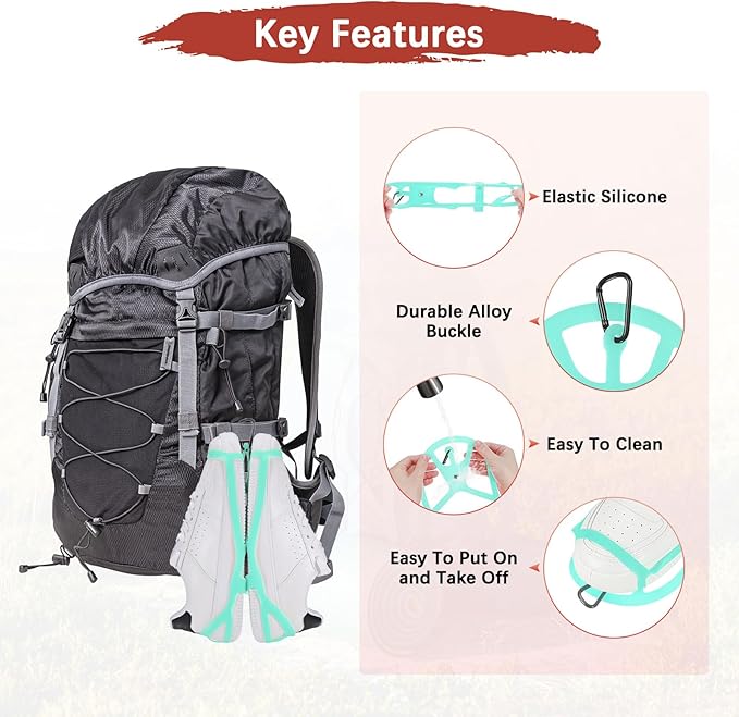 TIXIPEM Shoe Holster for Backpack [1SET] - Elastic Silicone Footwear Holder with Clip Use for Travel & Outdoors & Sports - [Cyan-Blue-L] Hang Extra Shoes Cleats Boots