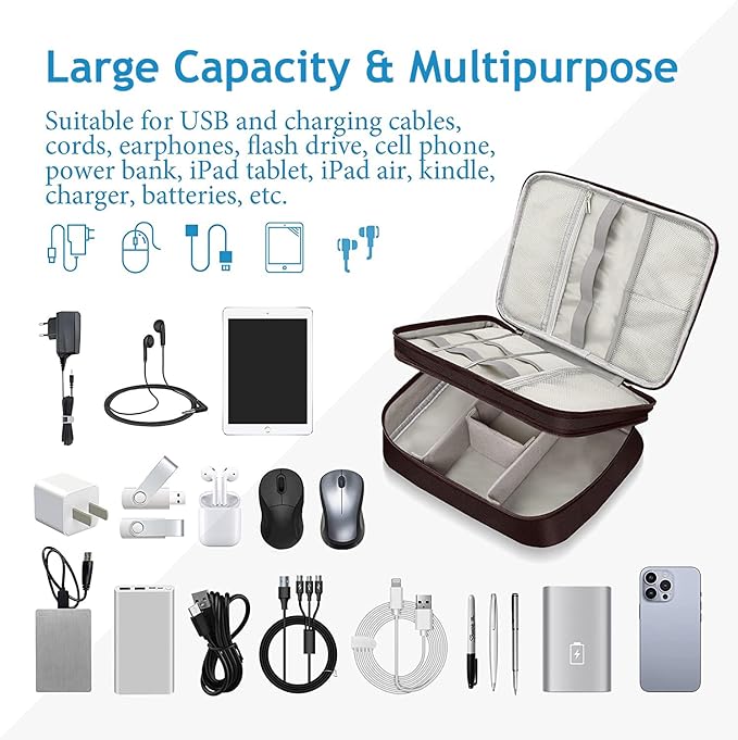 OliviaLiving Electronics Travel Organizer, Double Layer Cable Organizer Bag Waterproof Electronics Accessories Storage Bag for Charger, Phone, Power Bank, Hard Drive, Cord, Tablet