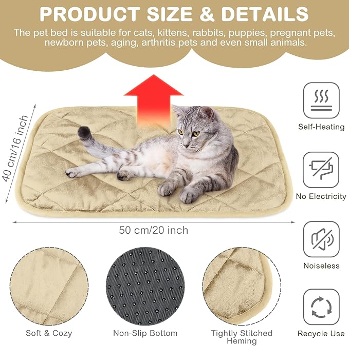 Clysee 2 Pack Self Heating Cat Mat Self Warming Pet Pads Washable Kennel Mat Dog Crate Pad Reflects Body Heat Non Skid Cat Thermal Pads for Puppy Indoor Outdoor(Beige,16 x 20 Inches)