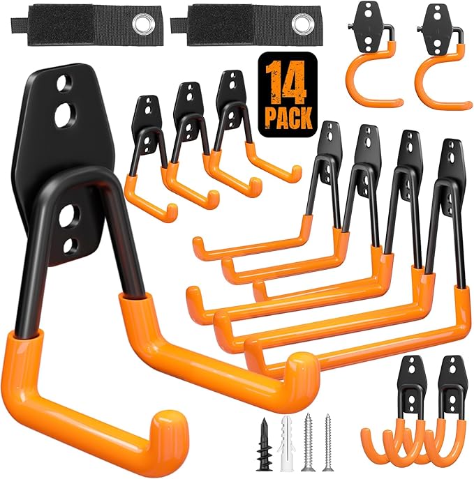 Wallavant Garage Hooks Heavy Duty 14 Pack Utility Wall Mount Storage Hangers with Mop Broom Holders Extension Cord Holder Organizer for Power Tool Garden Tool Ladder Hose