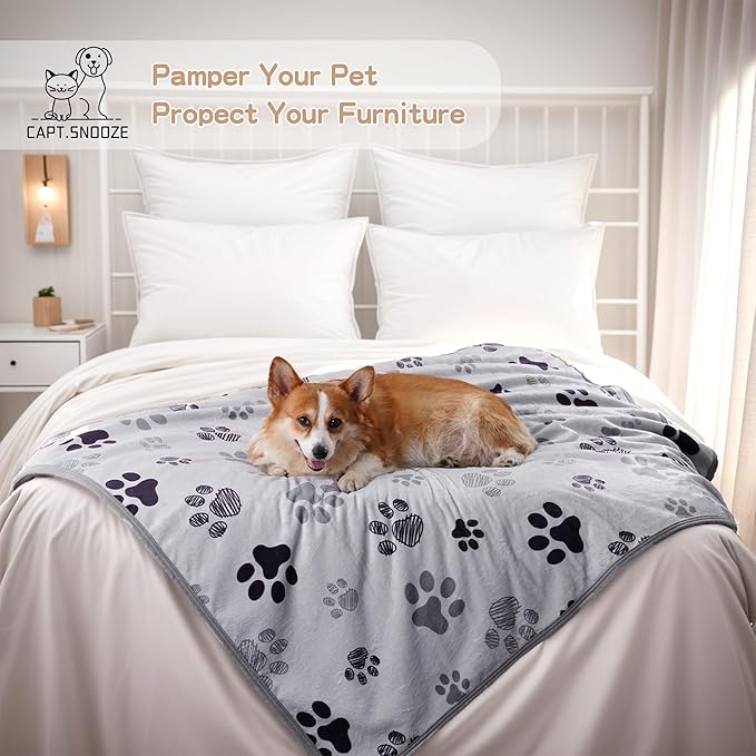 CAPT.SNOOZE Waterproof Dog Blankets Pet Blanket 60"x80", Soft Fluffy Sofa Car Bed Protector, Reversible Sherpa Fleece Dog Blanket for Large Dogs (Light Grey-Paws)