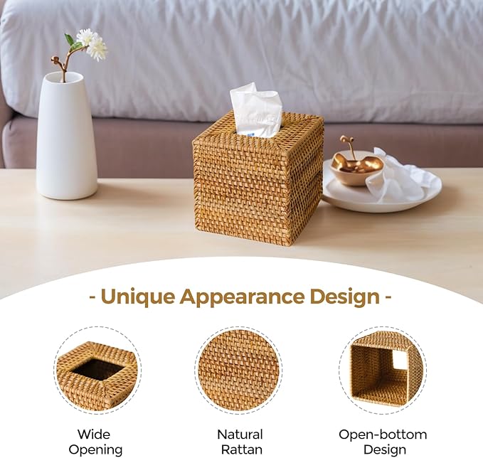 KALEKAIL Rattan Tissue Box Cover, Wicker Tissue Box Holder Square, Boho Decorative Woven Rattan Tissue Holders for Bathroom Living Room Kitchen, Natural