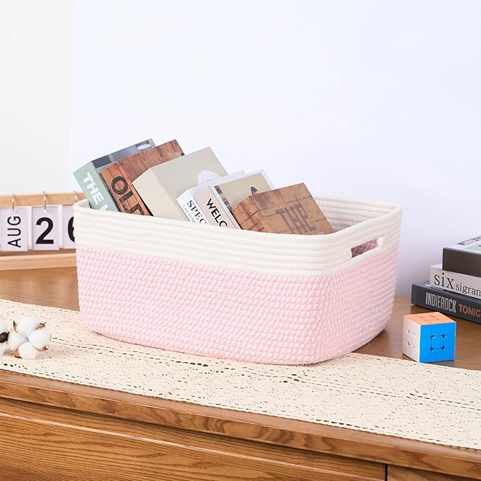 MiniArk Large Storage Baskets for Organizing, Closet Shelf Baskets for Clothes Blanket Towels, Baby Nursery, Toy Bins Box, Woven Rope Baskets, 17 x 13 x 7.5”, 4 Packs Woven Pink
