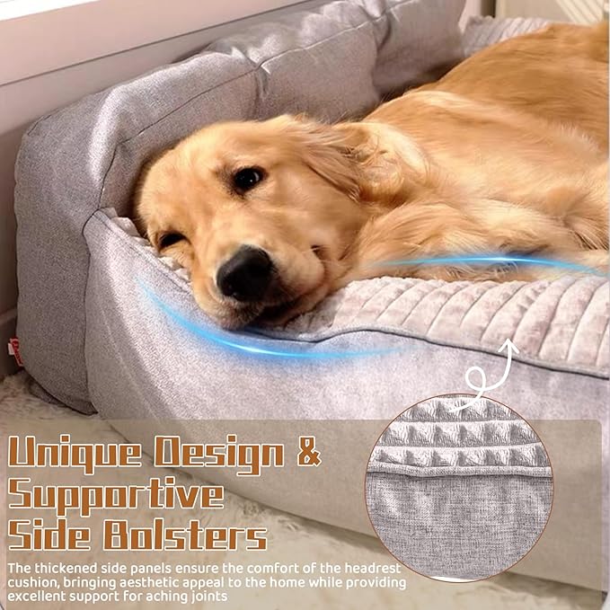 Large Dog Bed, Orthopedic Dog Couch & Pillow with Sides, Extra Thick Soft Fluffy & Comfortable Mat, Durable Warm Dog Crate Pad with Non-Slip Bottom (Grey, 39" L x 29" W x 9.8" Th)