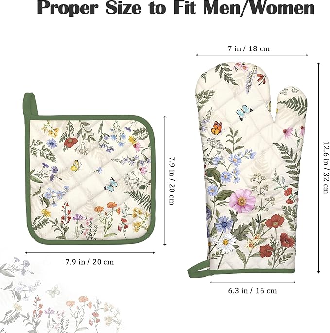 Floral Grass Oven Mitts and Pot Holders Sets 2Pcs, 100% Cotton Heat Resistant, Extra Long Oven Gloves Potholder for Kitchen Cooking Baking Decoration