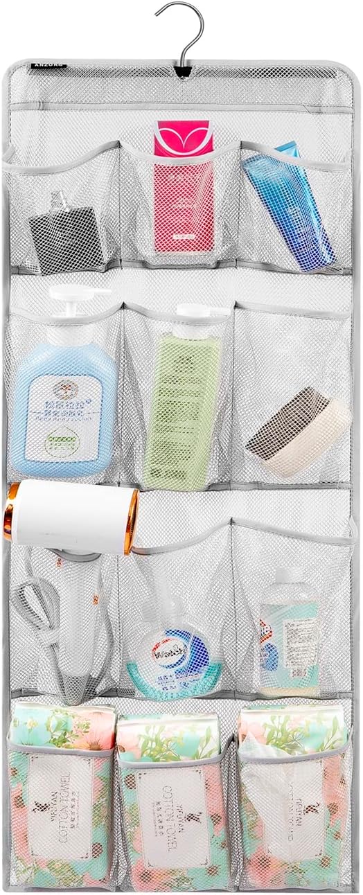ANZORG Mesh Shower Organizer Hanging Caddy Quick Dry Bathroom Storage for Toiletry Accessories with Rotating Hanger (12 Pockets)