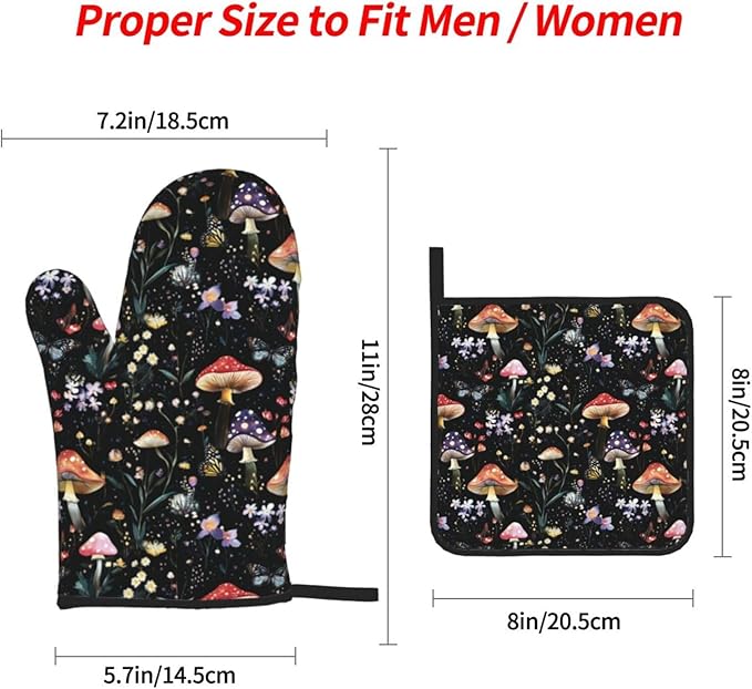 Oven Mitts and Pot Holders Sets of 4 Mushroom Botanical Vintage Kitchen Potholder Gloves Heat Resistant Non-Slip for Chef Baking Cooking Grilling BBQ Mittens