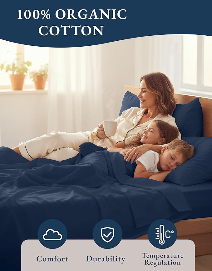LANE LINEN 100% Organic Cotton Sheets Twin Size, Mercerized Cotton Fully Elasticized Soft & Comfy Bedding Sheets & Pillowcase Set, Good for Dorm Room, Deep Pocket Fully Elasticized Sheet- Navy