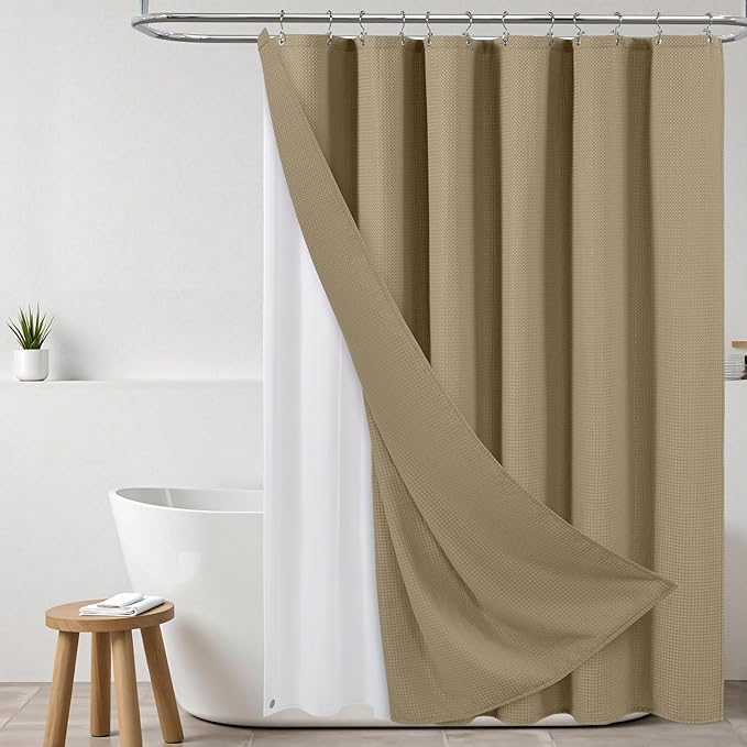 ROLIZOE 3-in-1 Waffle Texture Shower Curtain Set with TPU-Coated Waterproof Liner and 12 Upgraded Double-Sided Hooks, Well-Matched Sizes for a Seamless Fit – Khaki, 72" x 72"