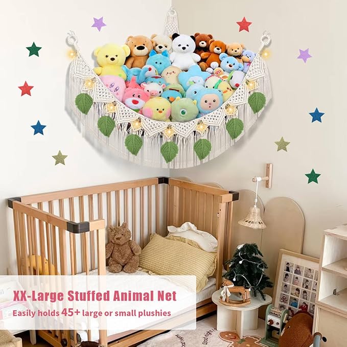 iHansee Stuffed Animal Storage Hammock Corner w/LED Star Light, 56'' Jumbo Boho Tassel Leaf Hanging Stuffed Animal Net Holder, Cream Toy Hammock Plushie Net for Kid Girls Boys Gift Nursery Decor