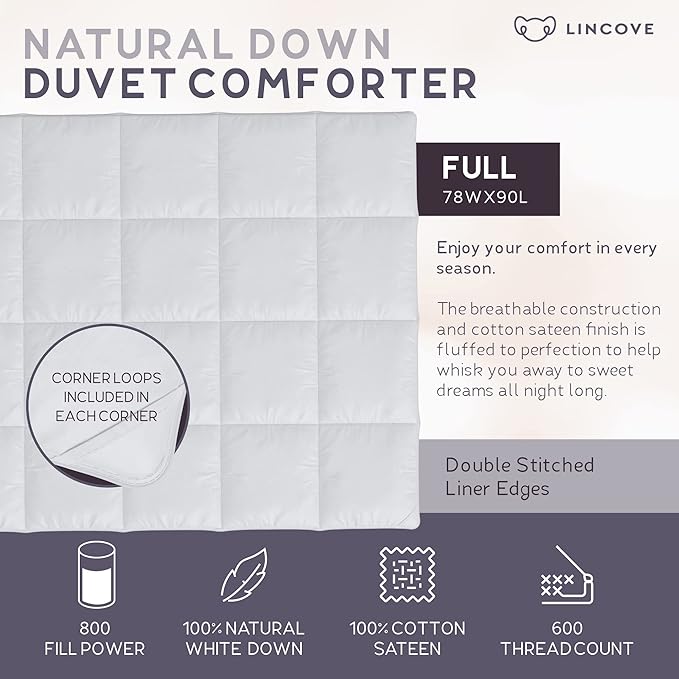 Lincove Canadian Down Comforter – All-Season Warmth Duvet Insert – Corner Loops in Each Corner, 600 Thread Count - 100% Cotton Sateen Shell, Full