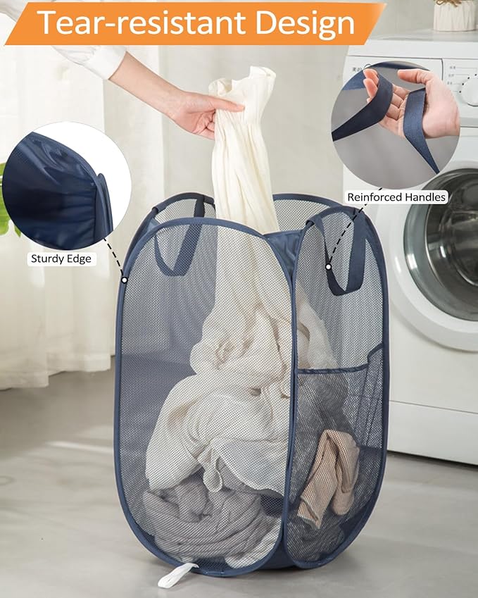 Bemkoo Navy Blue Durable Foldable Laundry Hamper, 22.8 x 14.2 x 14.2 inches