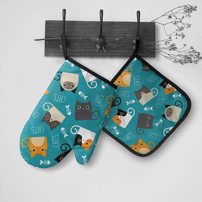Cute Cats Oven Mitts and Pot Holders Funny Kitten Insulated Gloves & Kitchen Counter Safe Mats for Cooking BBQ Baking Grilling (2-Piece Set)