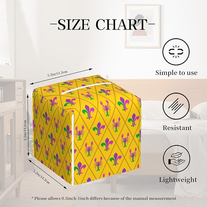 Tissue Box Cover Holder, Mardi Gras Crayfish and Fleur De Lis PU Leather Square Tissue Box Cover Decorative Organizer for Bathroom Kitchen Bedroom Vanity Countertop Night Stands