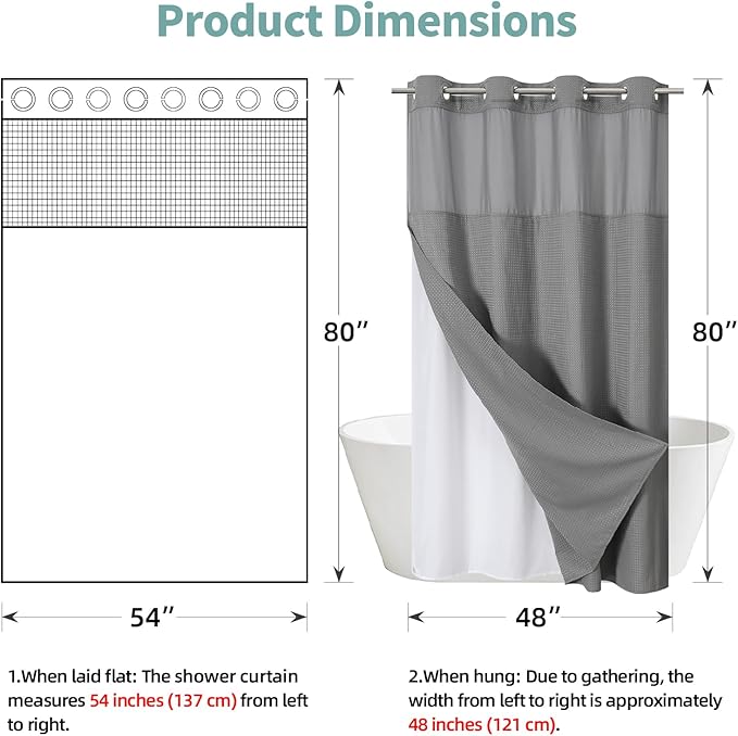 eachope Grey No Hook Waffle Weave Shower Curtain with snap-in Liner Replacement, 230GSM Waterproof Fabric Hotel Shower Curtain Set for Bathroom, Through Mesh Top Window,54Wx80H