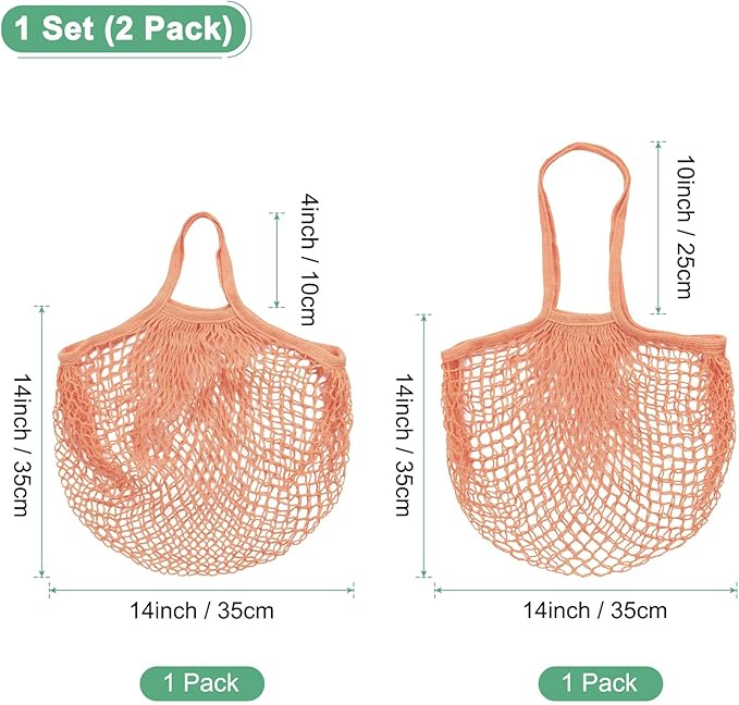 M METERXITY 2-Pack Cotton Mesh Bag, Reusable Washable Mesh Net String Grocery Bags, Reusable Produce Bags with Handle, Net Tote Bag for Fruits Shopping [Pink Brown, Long&Short Handle]