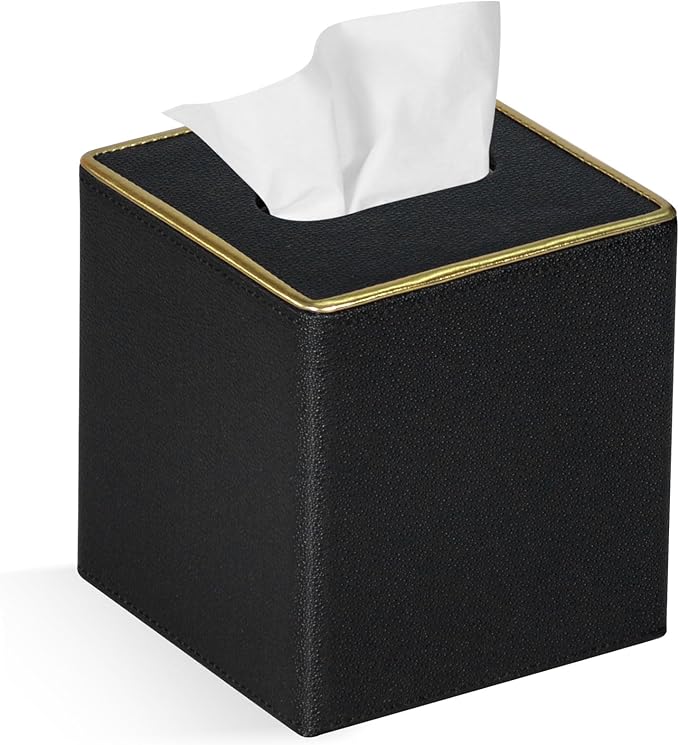 GOLRANLYE Tissue Box Cover Square PU Leather Facial Tissue Box Holder for Dresser Bathroom Decor (Black Pearl)