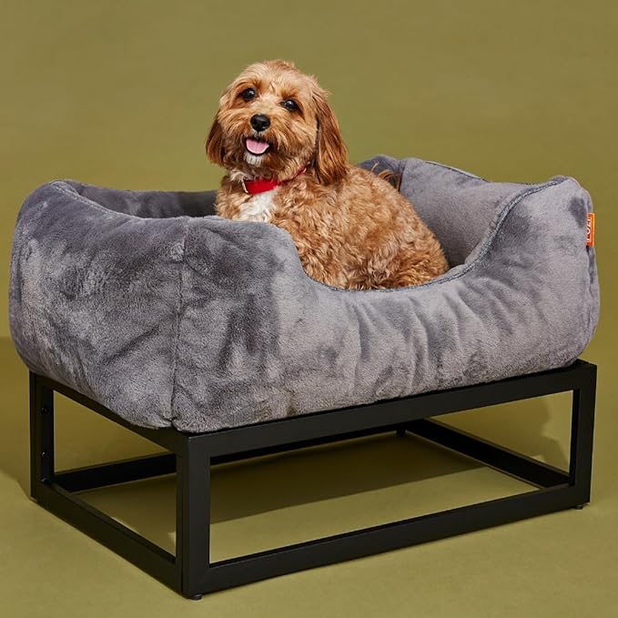 FUZI Elevated Dog Bed, Luxury Raised Dog Beds, Removable and Machine Washable Cover, Indoor/Outdoor Orthopedic Pet Bed, Dark Grey & Black Base Small 25.1x16.75x18