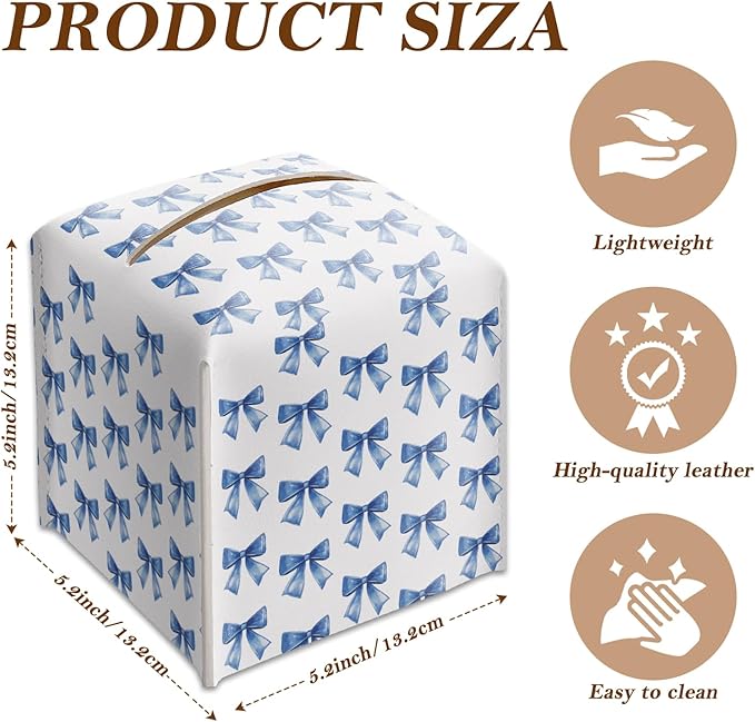 Blue Bow Tissue Box Cover Square, Leather Tissue Holder with Bottom Belt, for Nightstands Desks Office Bathroom Car Vanity Home Decor Supplies -014