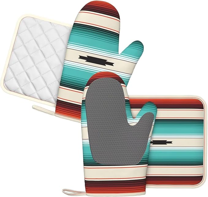 Mexican Serape Turquoise Oven Mitts Pot Holders Set Silicone Boho Ethnic Striped Kitchen Oven Mitts Heat Resistant Potholders Non-Slip 4pcs Hot Pads and Oven Gloves Sets for Cooking,Grilling