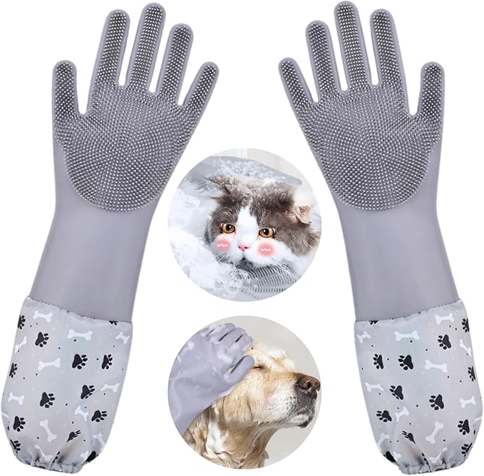 GALYNA Dog Washing Gloves, Pet Grooming Gloves with Soft Brushes, Bathing and Massaging for Dogs and Cats, Silicone Heat Resistant Cleaning Gloves with High-Density Teeth (Gray)