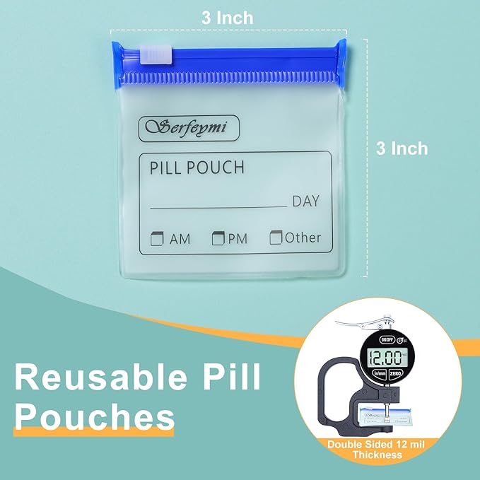 Serfeymi 72 Pcs Pill Pouch Bags for Travel Reusable Plastic Bags 3"x3" 12 mil (Double Sided) Translucent Zipper Pill Pouches for Medicine with Slide Lock & Writable Label, 1x Marker-Green+Blue+Yellow