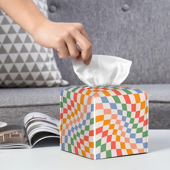 POIUBLE Tissue Box Holder Wavy Checkerboard Tissue Box Cover Square Leather Tissue Holder Organizer Portable Decorative Facial Paper Case for Home Office Bathroom Vanity Countertop