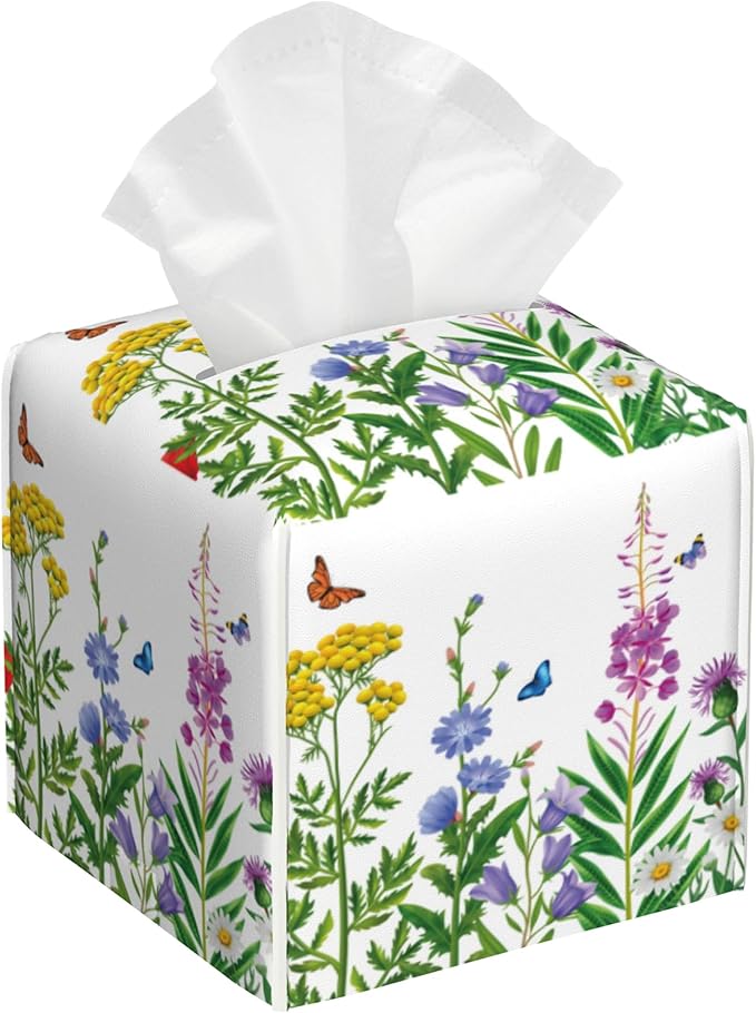 Colorful Flowers and Butterfly Tissue Box Cover,Wildflower Floral Waterproof Leather Square Tissue Box Cover Case Facial Paper Organizer Dispenser Box Holder for Home Office Bathroom Vanity Countertop